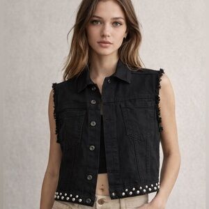 Dondup Black Studded Denim Vest XS Cropped Frayed Sleeveless Jacket